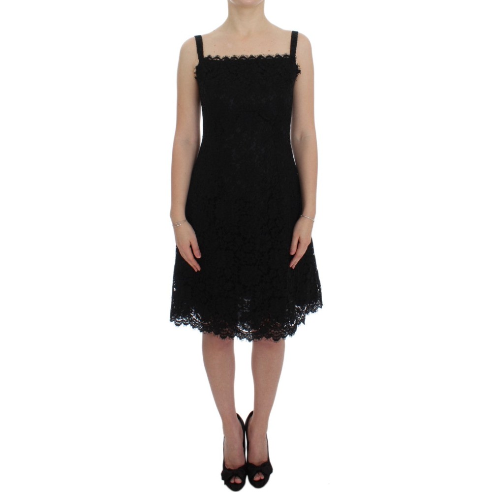 Dolce & Gabbana Elegantes schwarzes Kleid aus geblümter Spitze in Knielänge