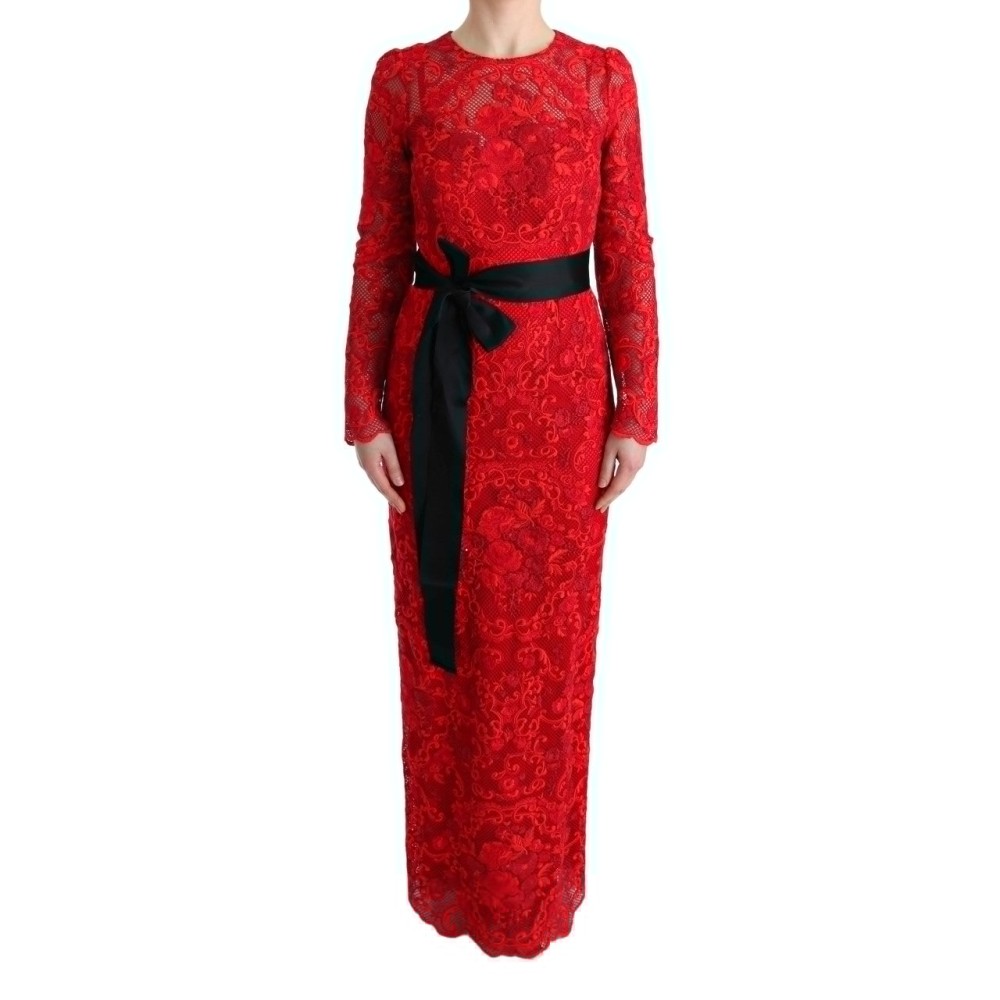Dolce & Gabbana Elegantes rotes Etuikleid mit Seidenschleifengürtel