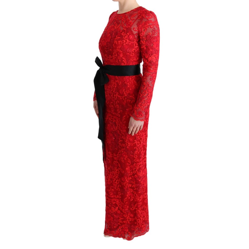 Dolce & Gabbana Elegantes rotes Etuikleid mit Seidenschleifengürtel