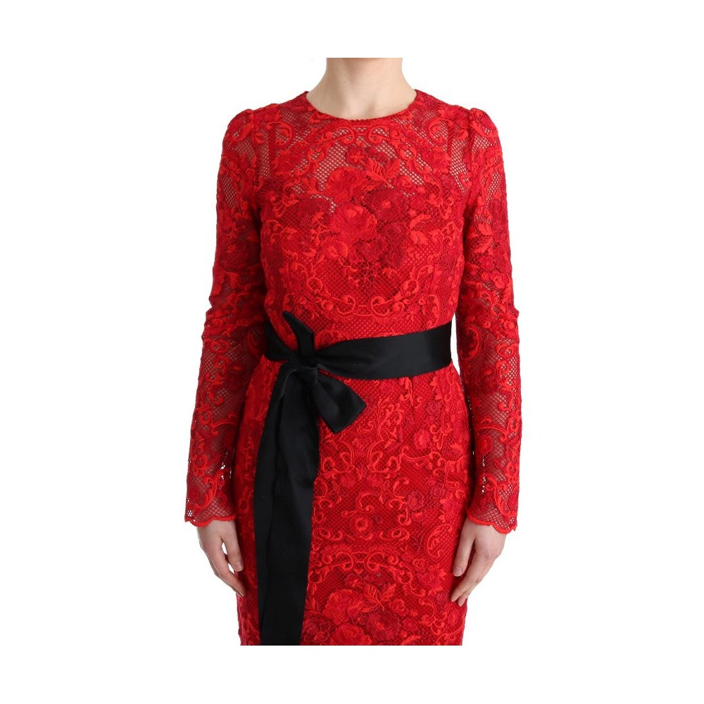 Dolce & Gabbana Elegantes rotes Etuikleid mit Seidenschleifengürtel