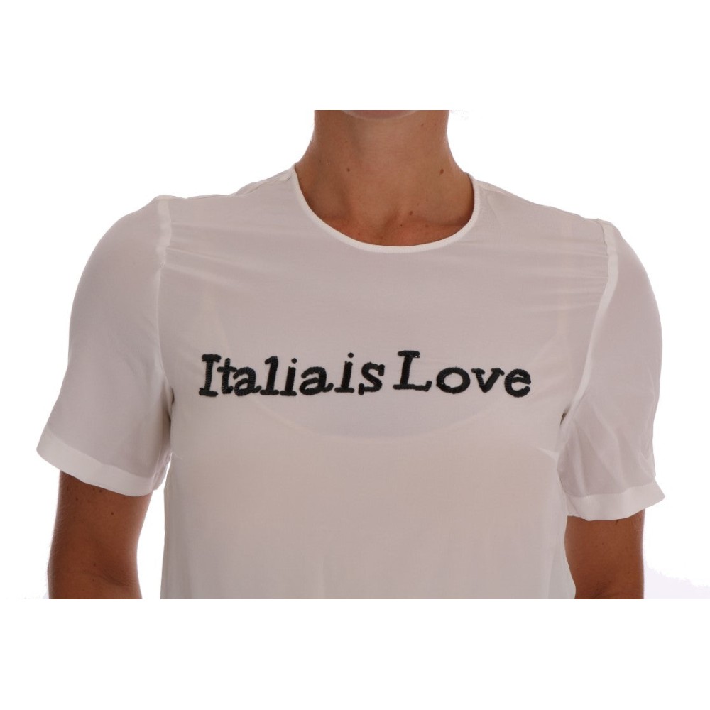 Dolce & Gabbana Weiße Bluse mit Pailletten aus Seide \'Italia Is Love\'