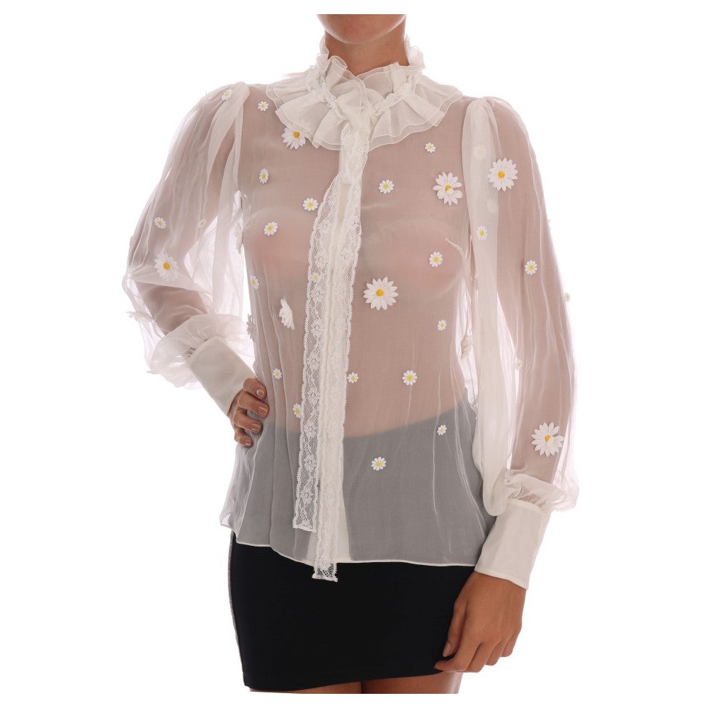 Dolce & Gabbana Elegante Weiße Seidenbluse mit Gänseblümchen