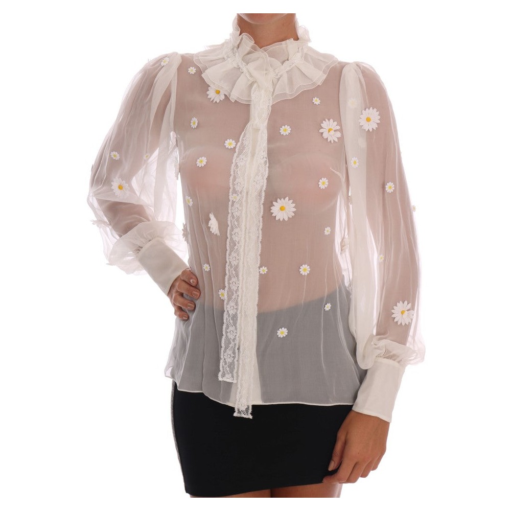 Dolce & Gabbana Elegante Weiße Seidenbluse mit Gänseblümchen