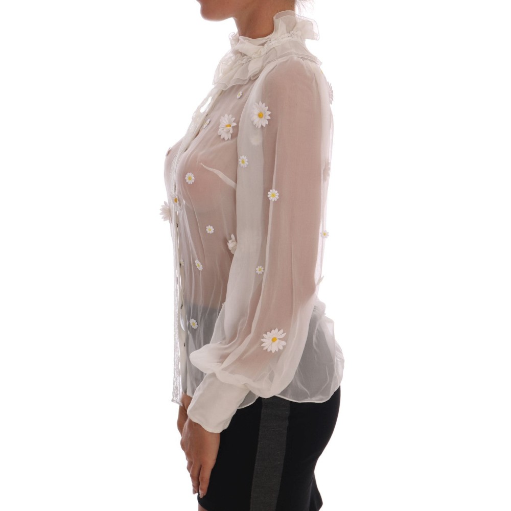 Dolce & Gabbana Elegante Weiße Seidenbluse mit Gänseblümchen