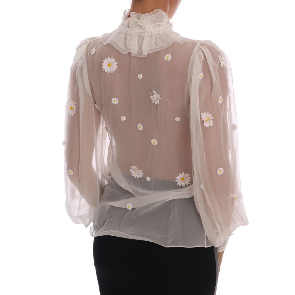 Dolce & Gabbana Elegante Weiße Seidenbluse mit Gänseblümchen
