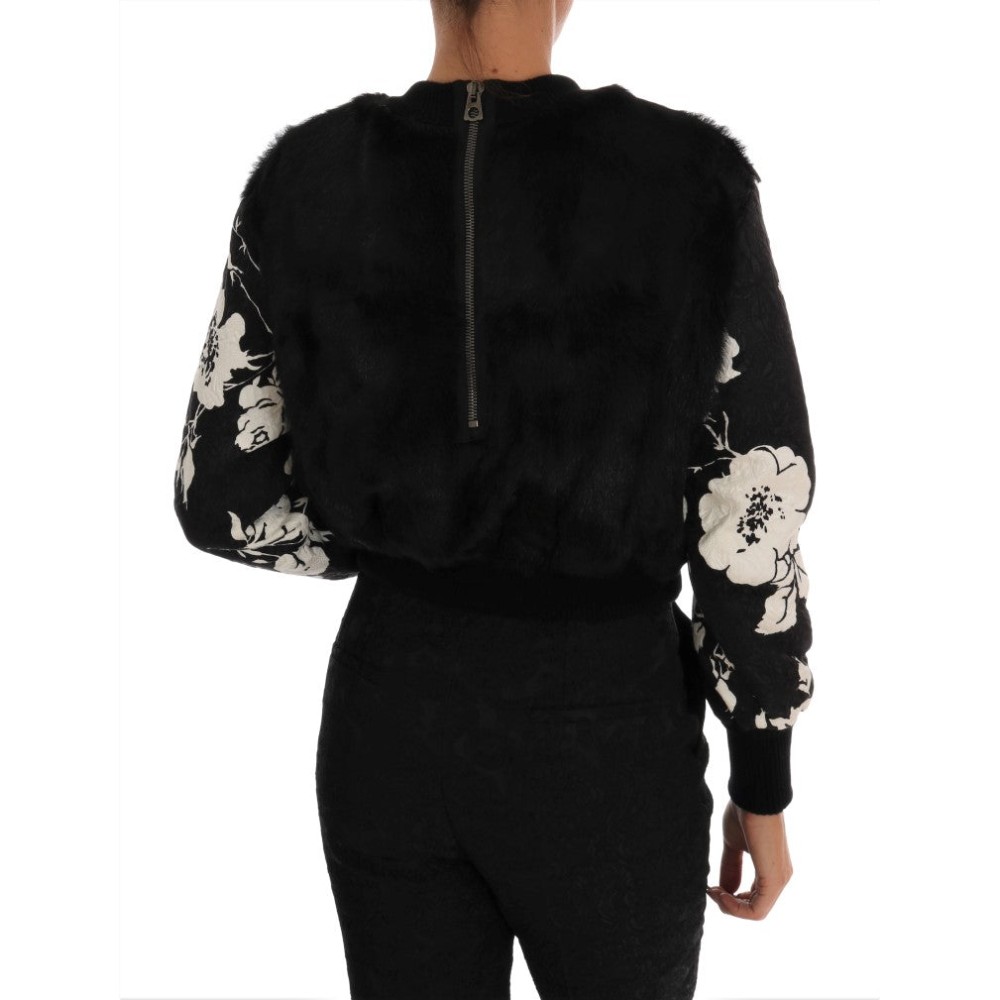 Dolce & Gabbana Schwarzer Pullover mit Blumenbrokat und Pelz
