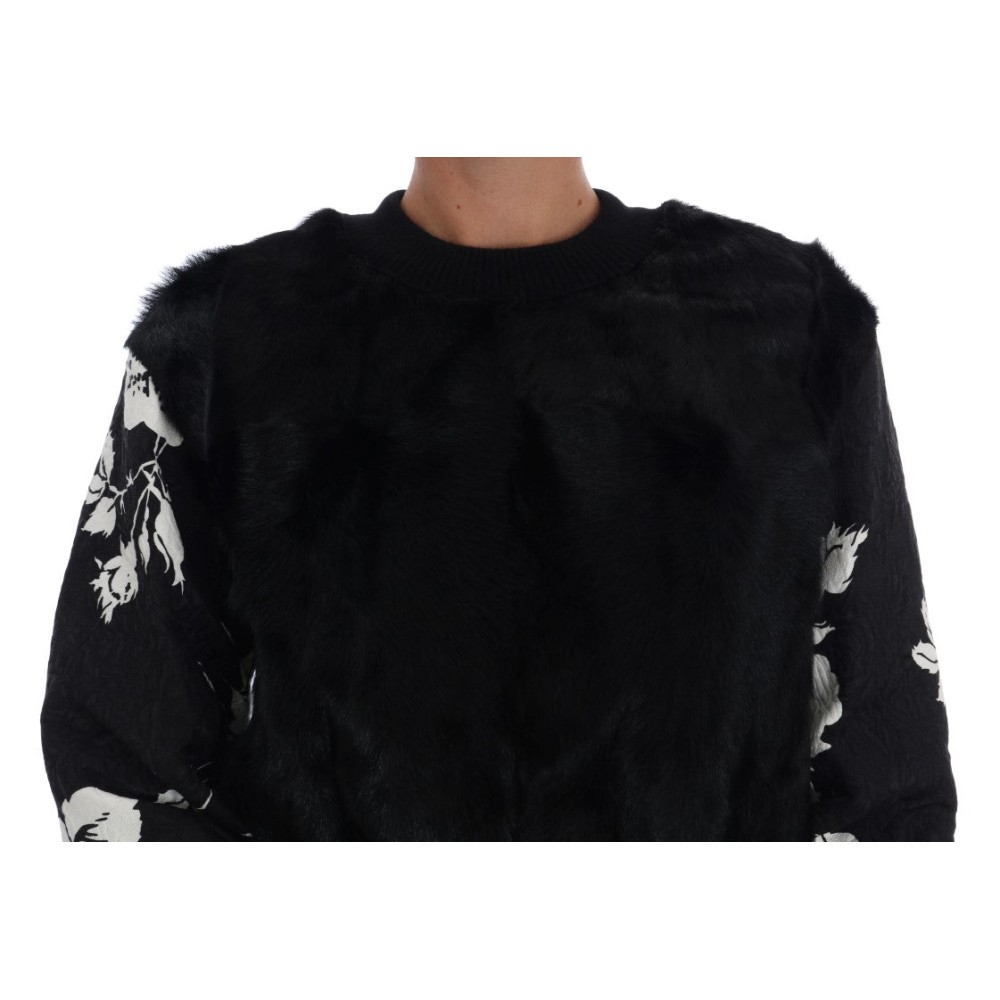 Dolce & Gabbana Schwarzer Pullover mit Blumenbrokat und Pelz