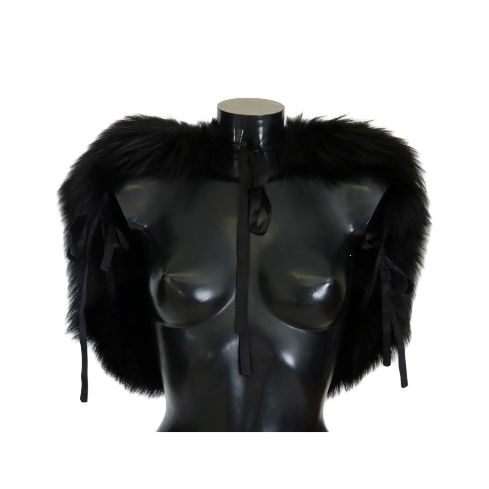 Dolce & Gabbana Eleganter Schwarz-Silber-Fuchsfell-Wickelschal