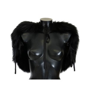 Dolce & Gabbana Eleganter Schwarz-Silber-Fuchsfell-Wickelschal