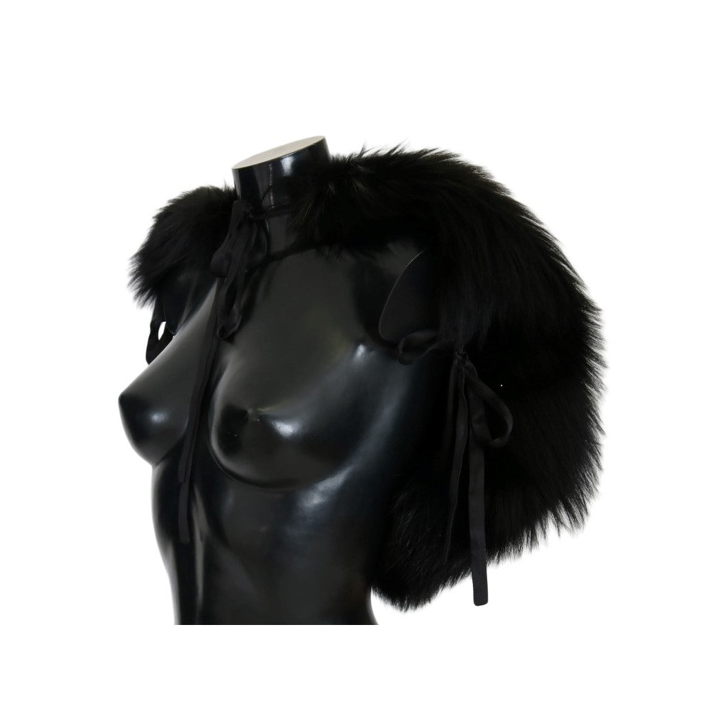 Dolce & Gabbana Eleganter Schwarz-Silber-Fuchsfell-Wickelschal