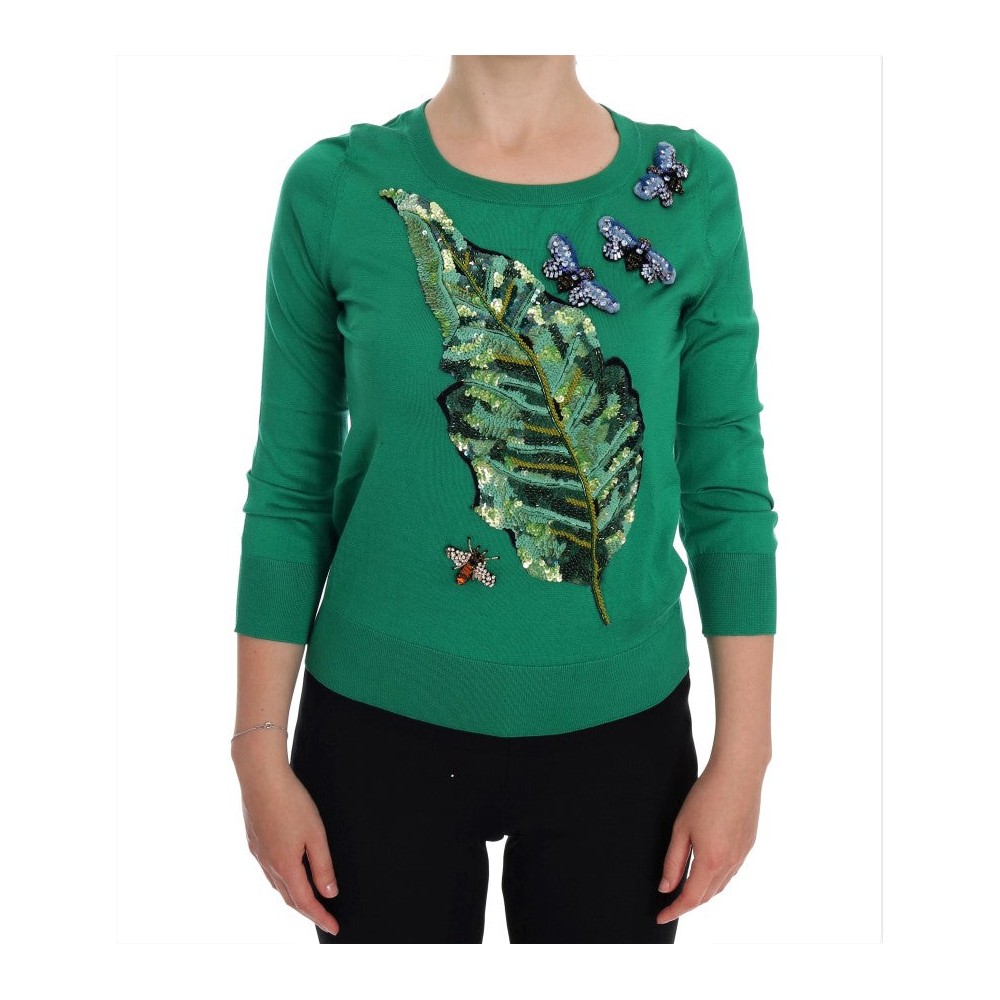 Dolce & Gabbana Grüner Pullover aus Seide mit Verzierungen