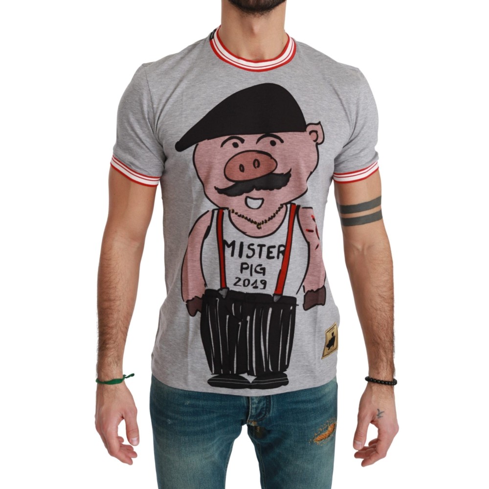 Dolce & Gabbana Schickes graues Baumwoll-T-Shirt mit Jahr-des-Schweins-Motiv