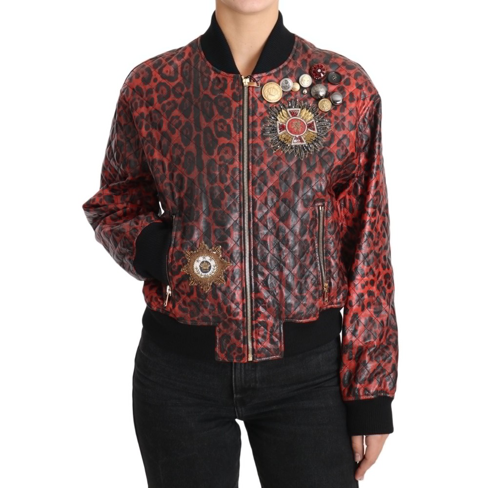 Dolce & Gabbana Rote Leoparden-Bomber-Lederjacke mit Kristallknöpfen