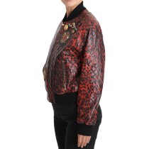 Dolce & Gabbana Rote Leoparden-Bomber-Lederjacke mit Kristallknöpfen