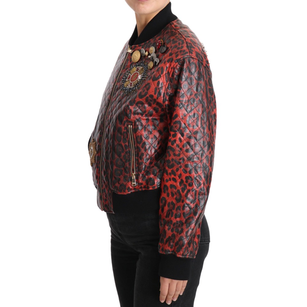 Dolce & Gabbana Rote Leoparden-Bomber-Lederjacke mit Kristallknöpfen