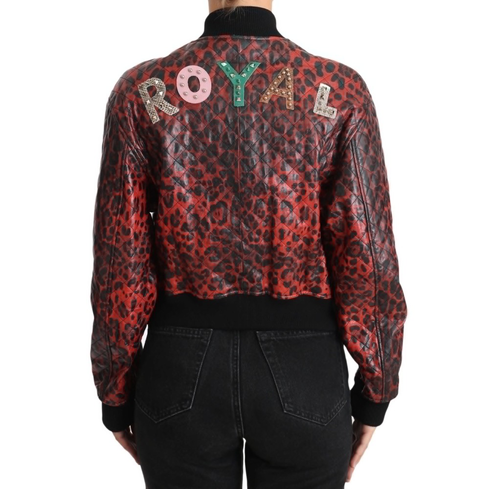 Dolce & Gabbana Rote Leoparden-Bomber-Lederjacke mit Kristallknöpfen