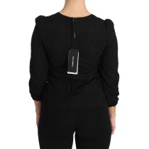 Dolce & Gabbana Elegante schwarze Bluse mit geblümtem Rundhalsausschnitt