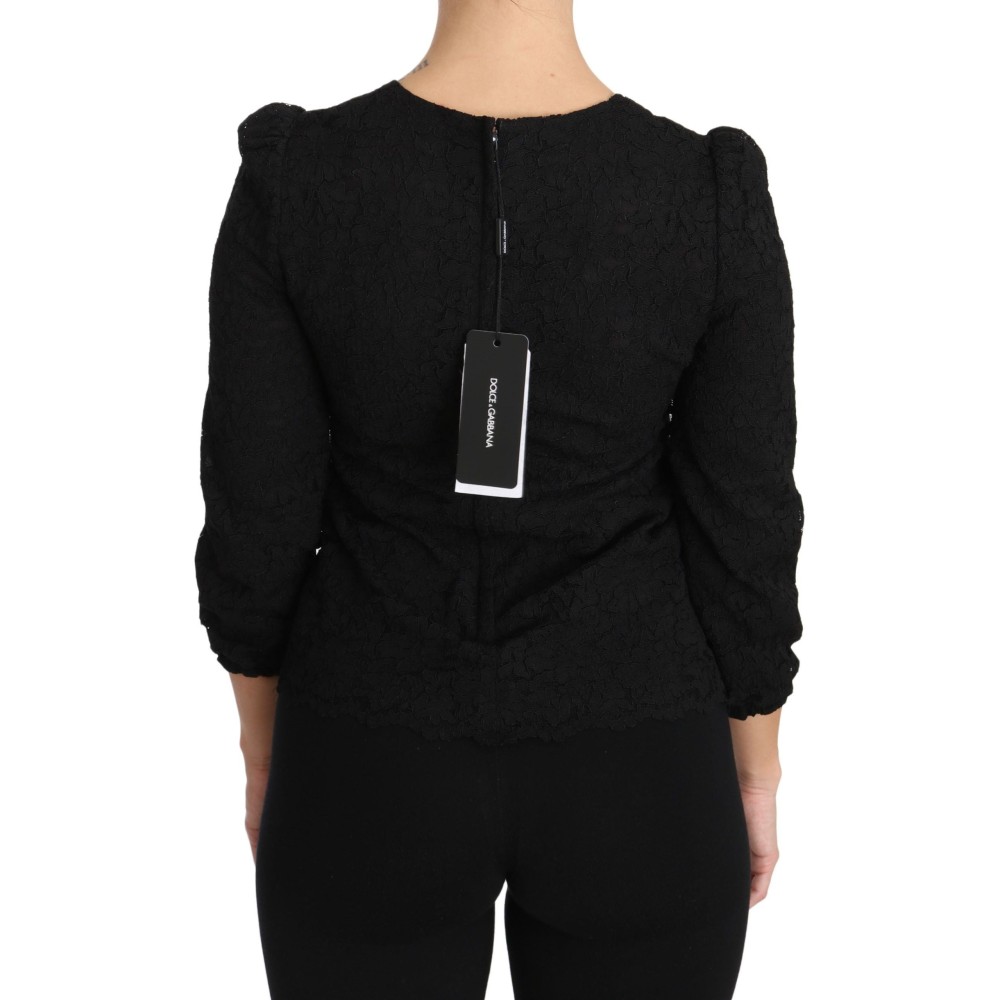 Dolce & Gabbana Elegante schwarze Bluse mit geblümtem Rundhalsausschnitt