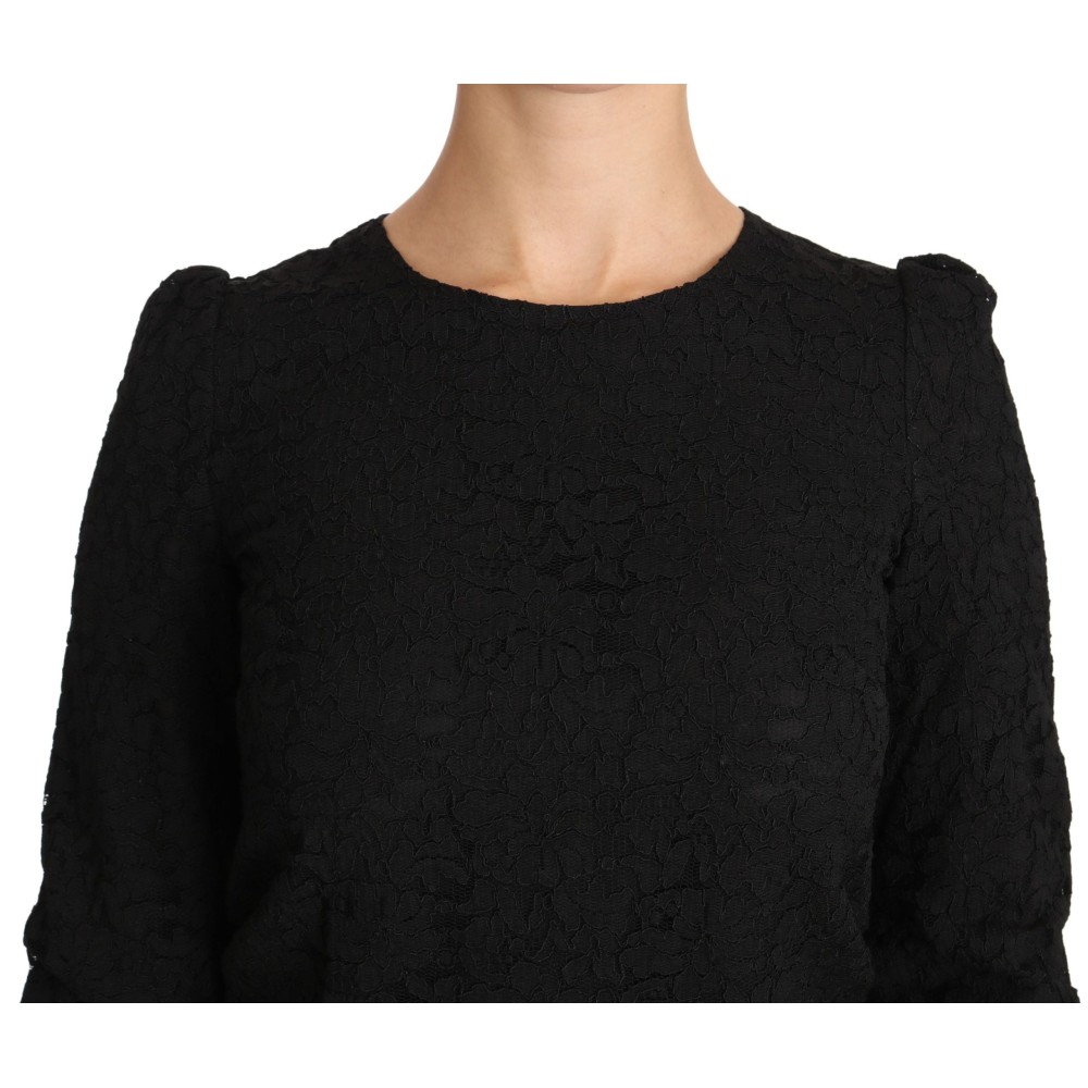 Dolce & Gabbana Elegante schwarze Bluse mit geblümtem Rundhalsausschnitt