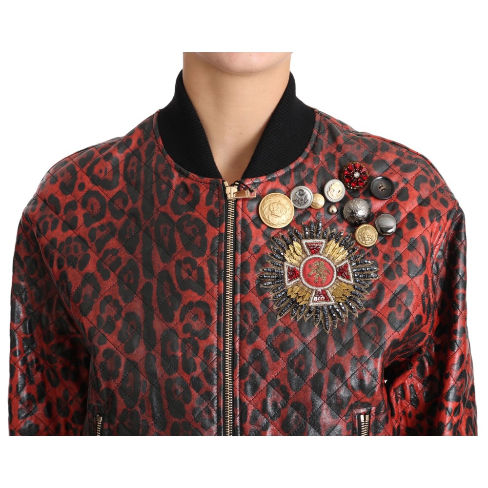 Dolce & Gabbana Rote Leoparden-Bomber-Lederjacke mit Kristallknöpfen