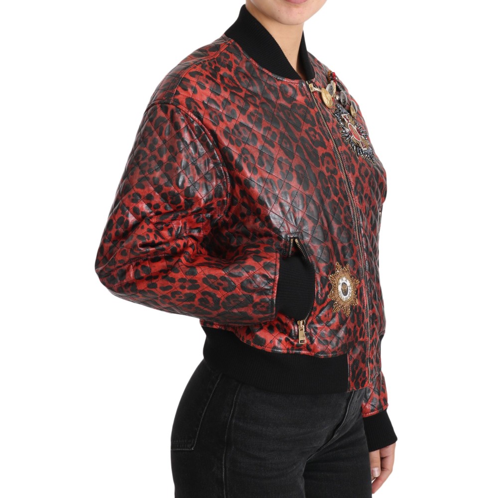 Dolce & Gabbana Rote Leoparden-Bomber-Lederjacke mit Kristallknöpfen