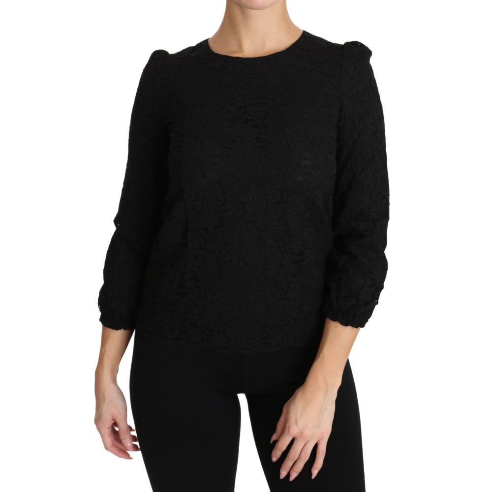 Dolce & Gabbana Elegante schwarze Bluse mit geblümtem Rundhalsausschnitt