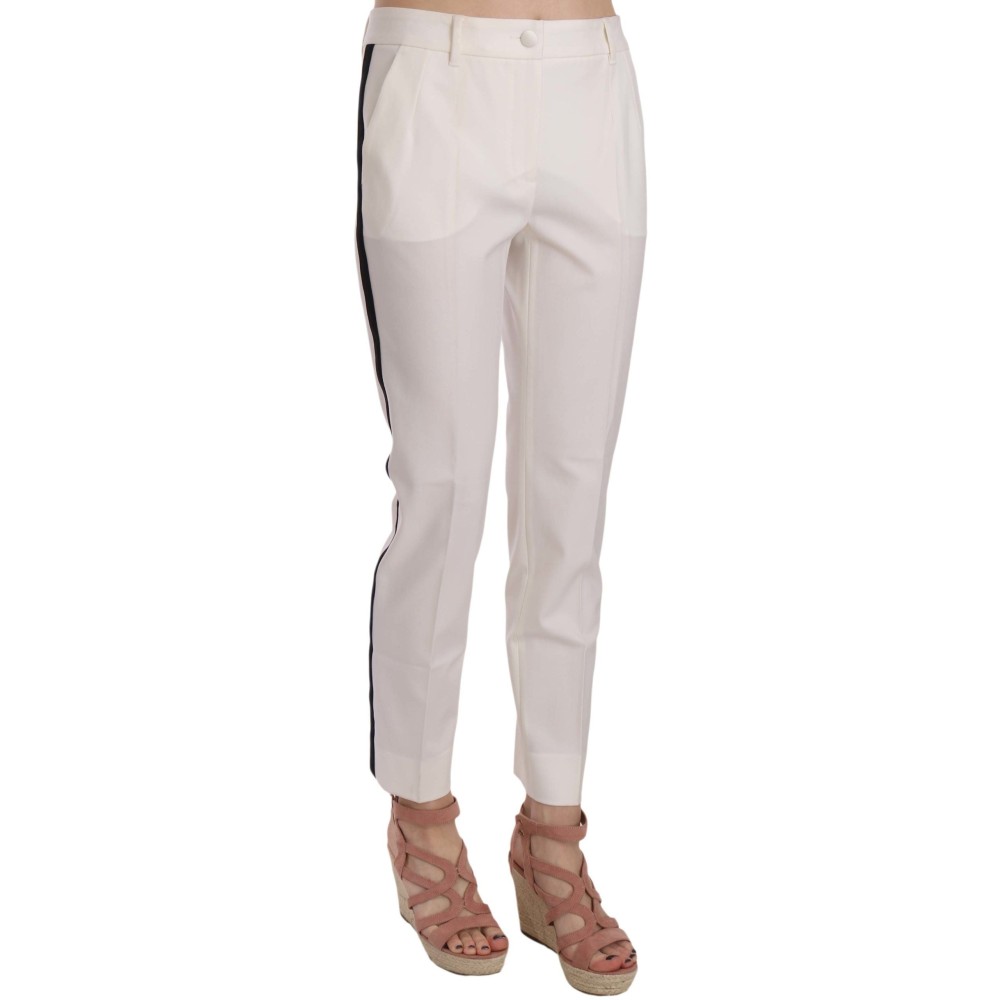 Dolce & Gabbana Elegante weiß gestreifte Hose aus Wolle in Kegelform