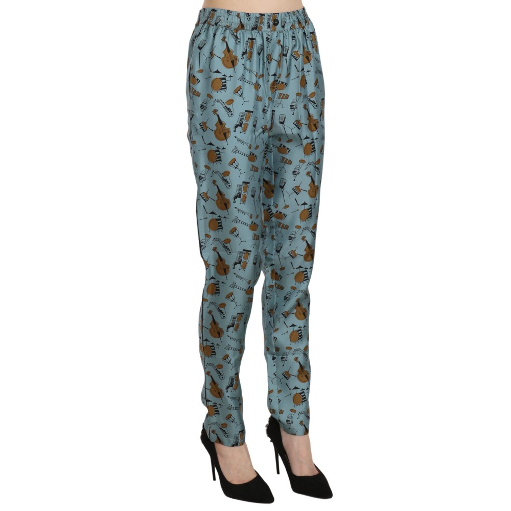 Dolce & Gabbana Taillierte Seidenhose mit hoher Taille und blauem Print