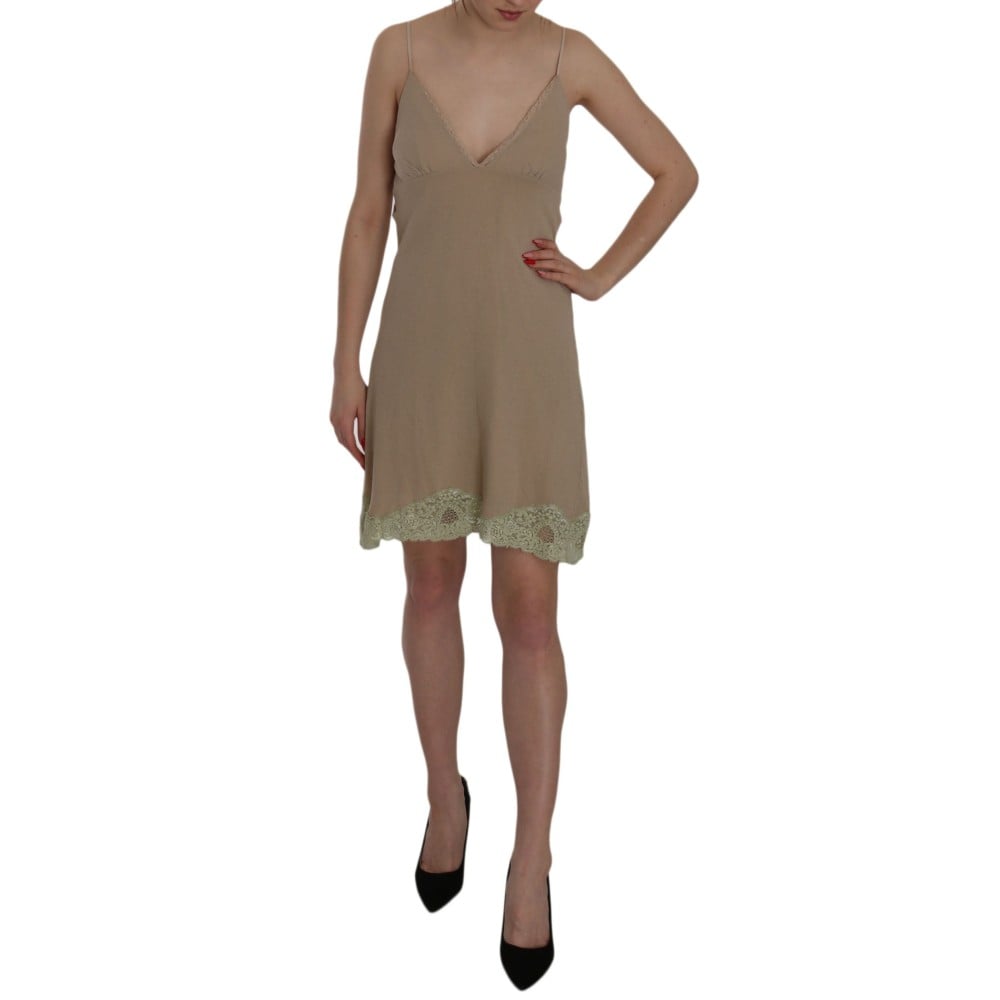 PINK MEMORIES Elegantes beigefarbenes Spaghettiträger-Minikleid aus Spitze