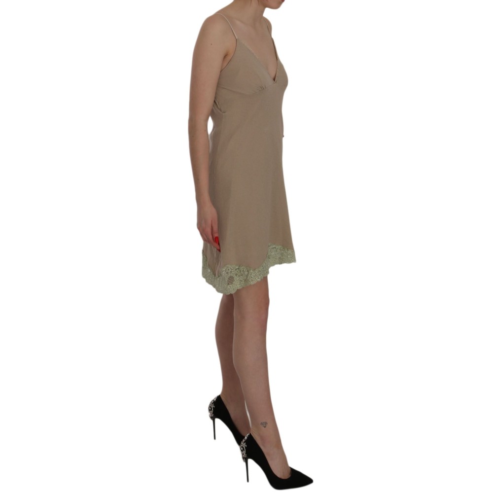 PINK MEMORIES Elegantes beigefarbenes Spaghettiträger-Minikleid aus Spitze