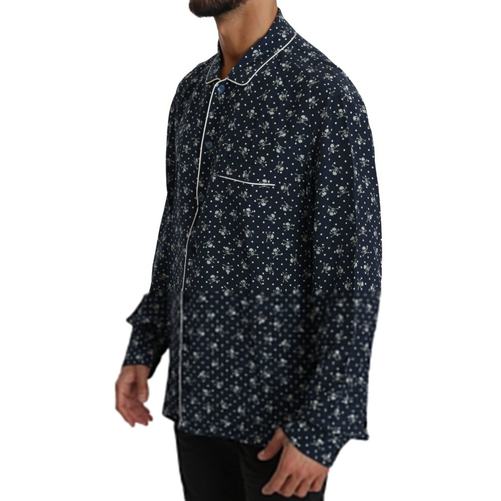 Dolce & Gabbana Seidige Eleganz: Blaues Lounge-Shirt mit Totenkopfdruck