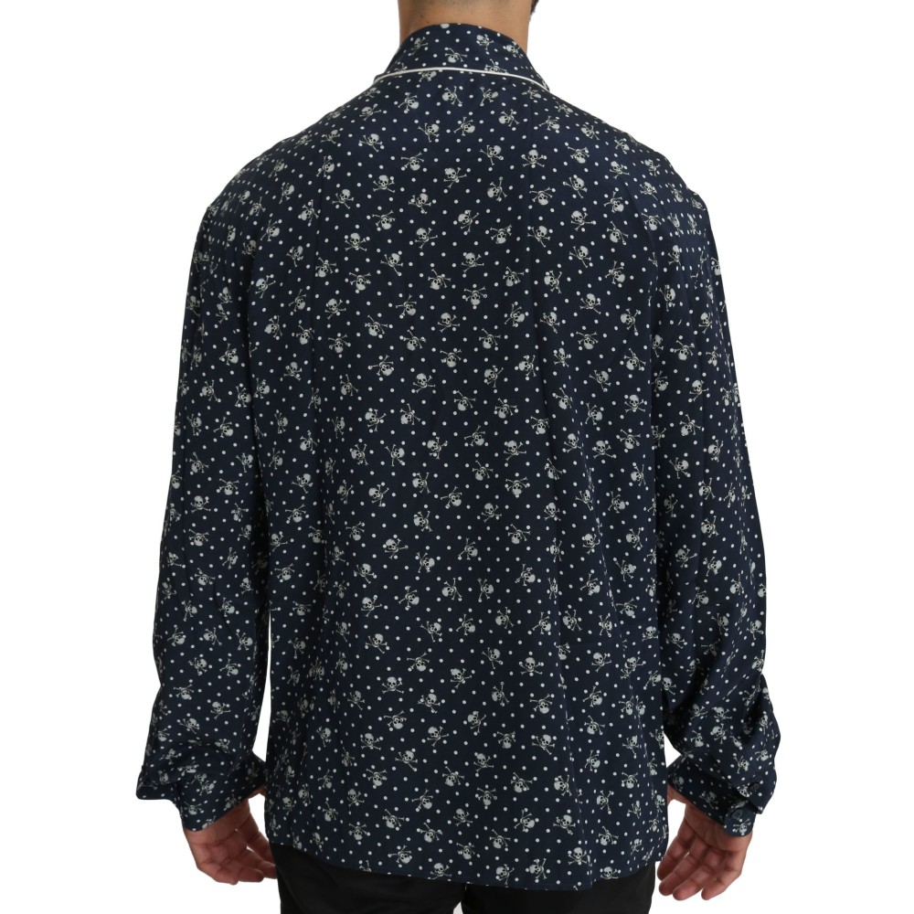 Dolce & Gabbana Seidige Eleganz: Blaues Lounge-Shirt mit Totenkopfdruck