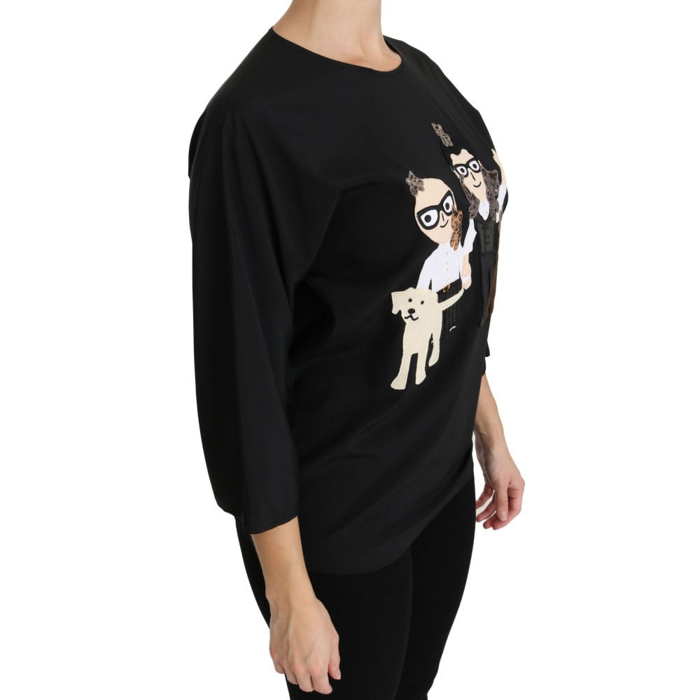 Dolce & Gabbana Elegantes Schwarzes Seidenstretch-Top mit Stickerei