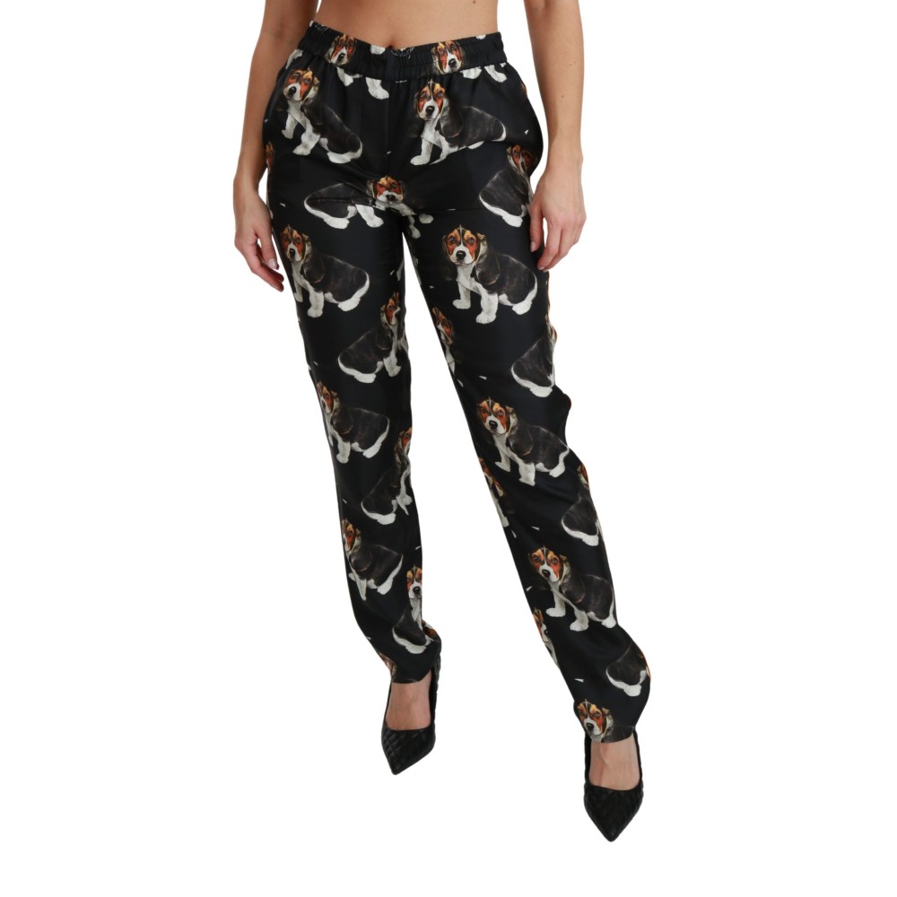 Dolce & Gabbana Elegante Seidenhose mit Welpenhund-Aufdruck
