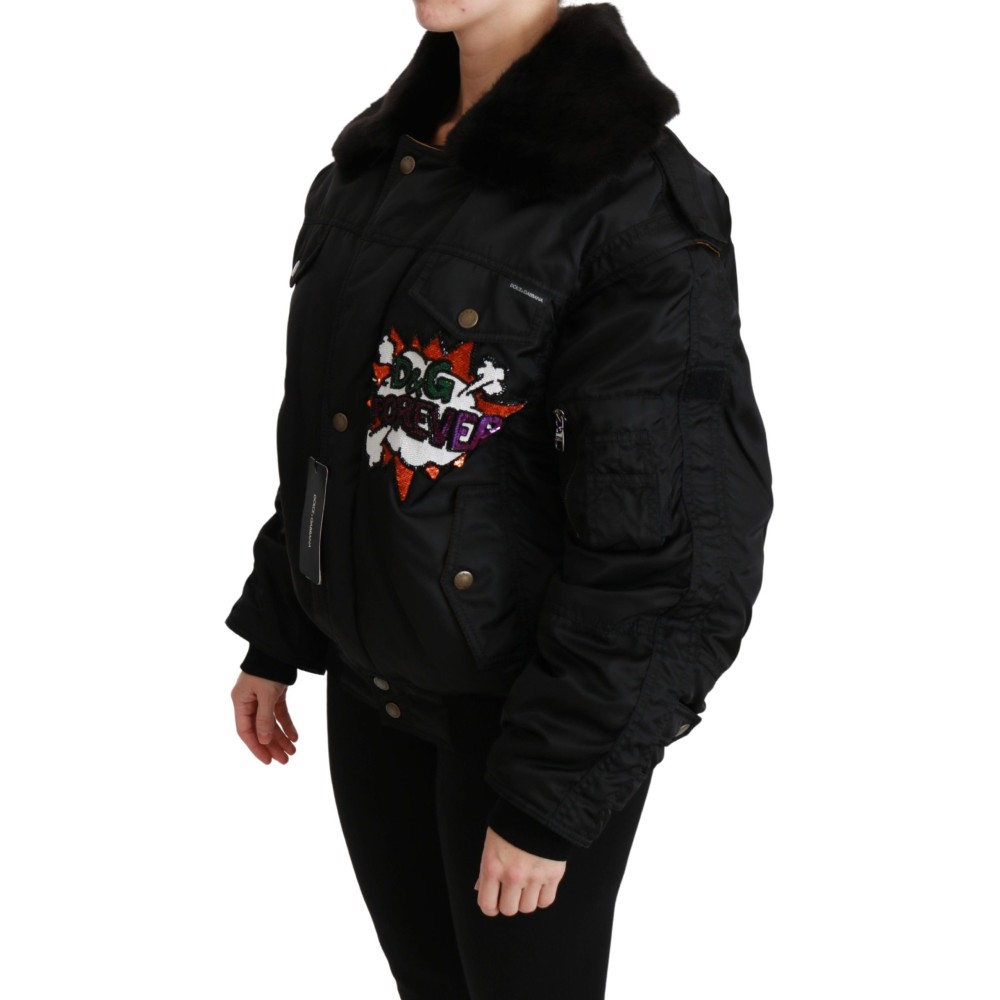 Dolce & Gabbana Elegante schwarze Bomberjacke mit abnehmbarer Ausstattung