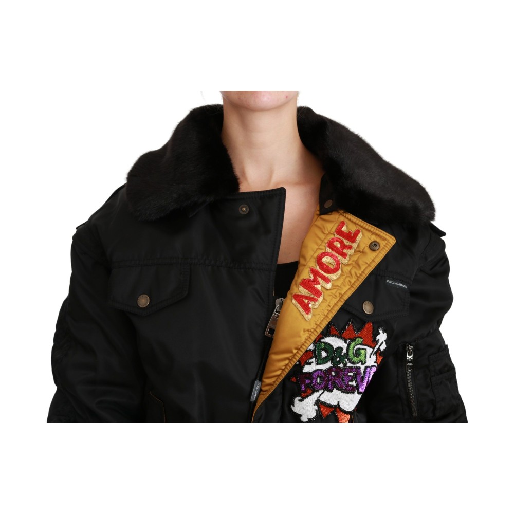 Dolce & Gabbana Elegante schwarze Bomberjacke mit abnehmbarer Ausstattung