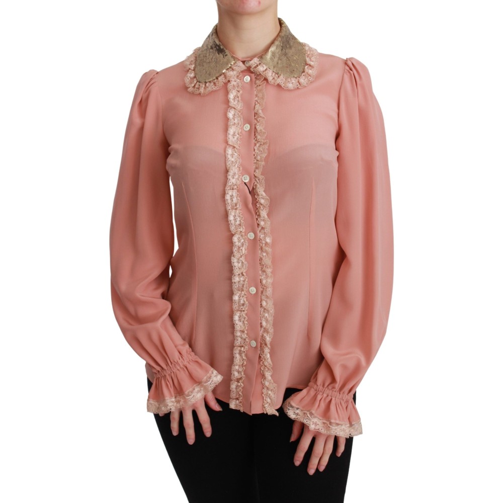 Dolce & Gabbana Elegante rosa Seidenbluse aus Spitze mit goldenen Pailletten