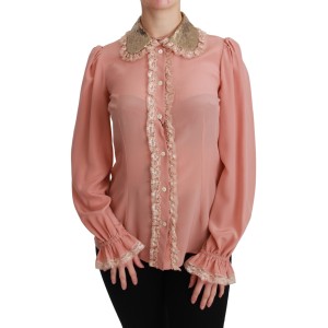 Dolce & Gabbana Elegante rosa Seidenbluse aus Spitze mit goldenen Pailletten