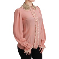Dolce & Gabbana Elegante rosa Seidenbluse aus Spitze mit goldenen Pailletten