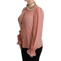Dolce & Gabbana Elegante rosa Seidenbluse aus Spitze mit goldenen Pailletten