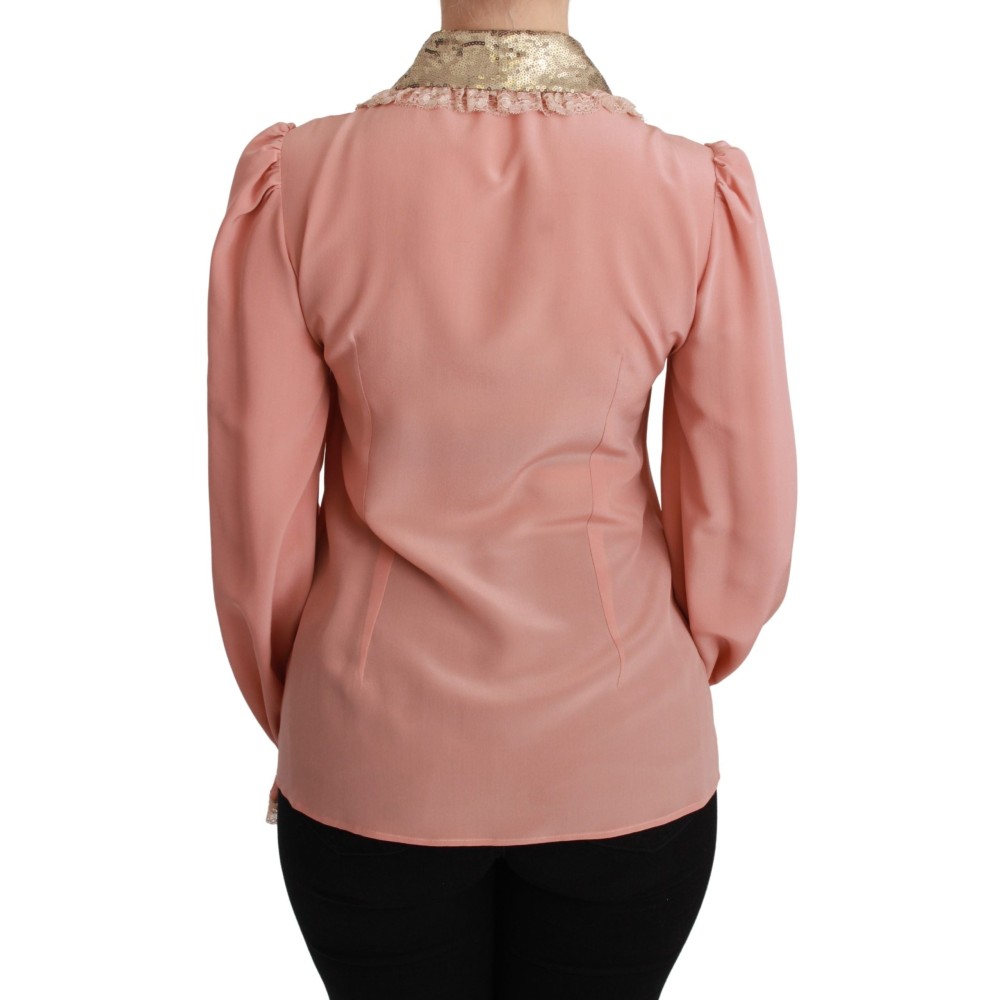Dolce & Gabbana Elegante rosa Seidenbluse aus Spitze mit goldenen Pailletten