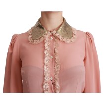 Dolce & Gabbana Elegante rosa Seidenbluse aus Spitze mit goldenen Pailletten