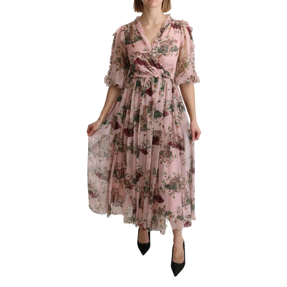 Dolce & Gabbana Elegantes Rosa Bengalkatzen-Print Maxikleid in A-Linie