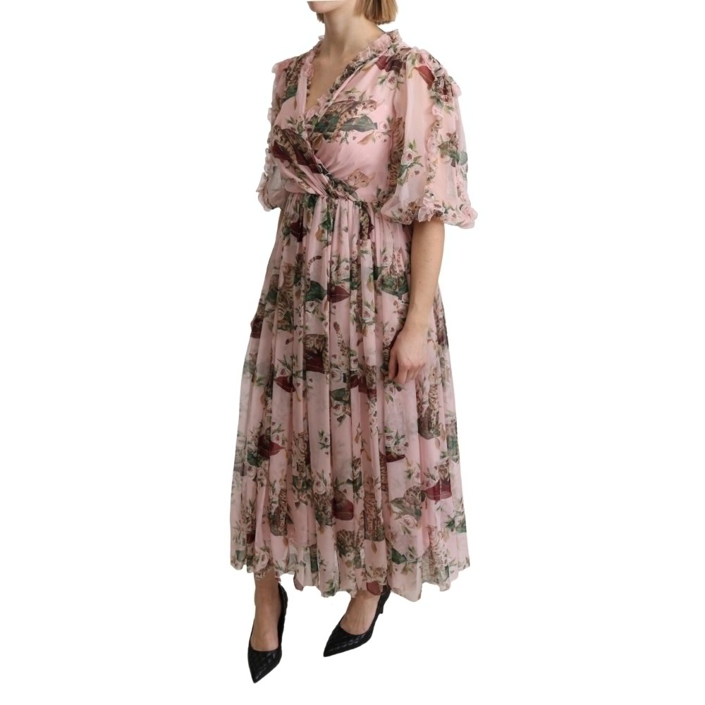 Dolce & Gabbana Elegantes Rosa Bengalkatzen-Print Maxikleid in A-Linie