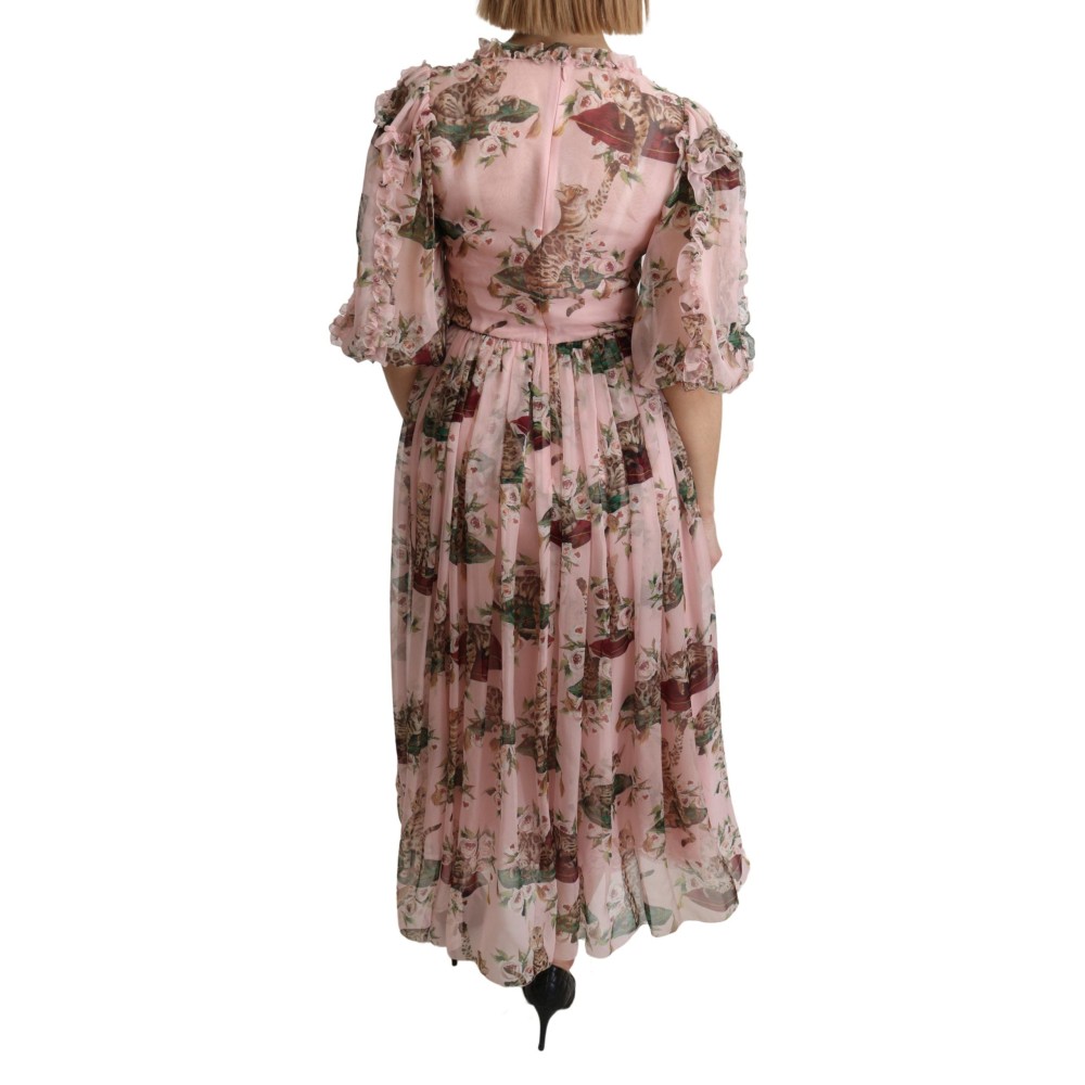 Dolce & Gabbana Elegantes Rosa Bengalkatzen-Print Maxikleid in A-Linie