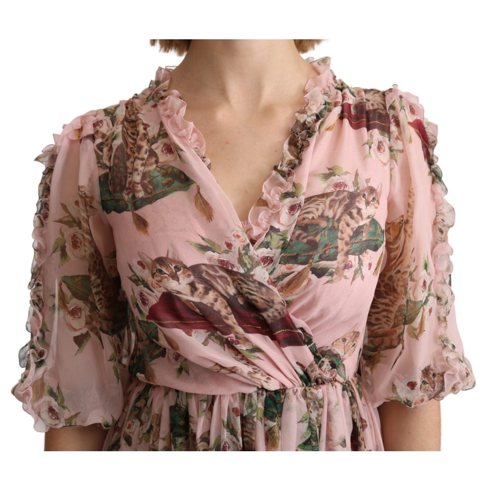 Dolce & Gabbana Elegantes Rosa Bengalkatzen-Print Maxikleid in A-Linie