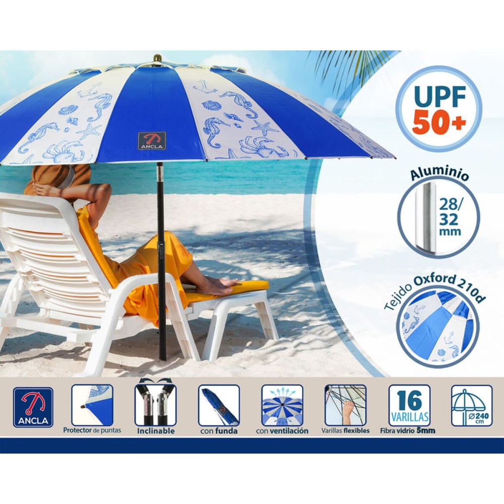 Parasol de plage Bleu Ø 240 cm SPF50+ Marin