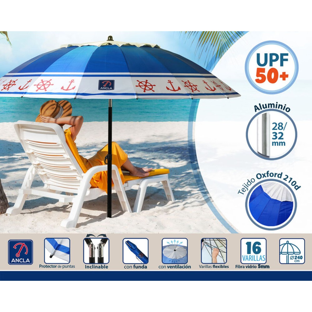 Parasol de plage Bleu Ø 240 cm SPF50+ Ancre