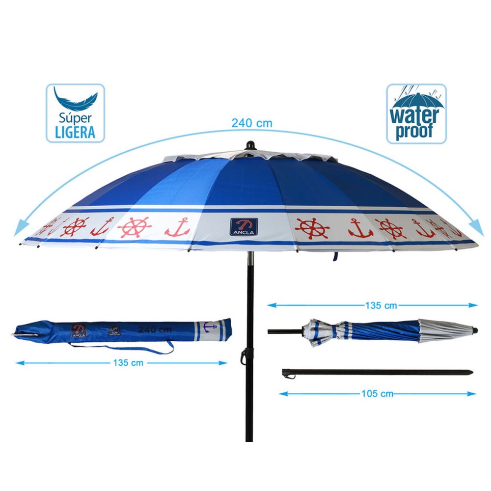 Parasol de plage Bleu Ø 240 cm SPF50+ Ancre