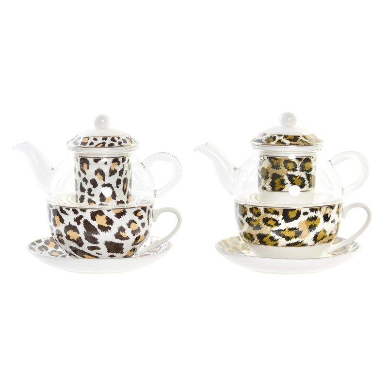 Teapot DKD Home Decor Leopard Crystal Porcelain Brown Transparent White (2 Units)